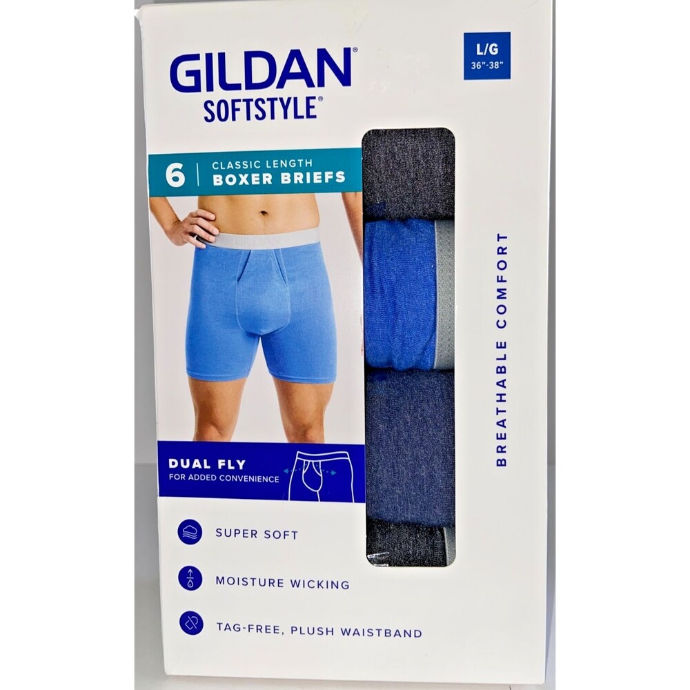 Gildan Softstyle Boxer Briefs 6 Pack Men’s L Large Moisture Wicking Dual Fly NEW